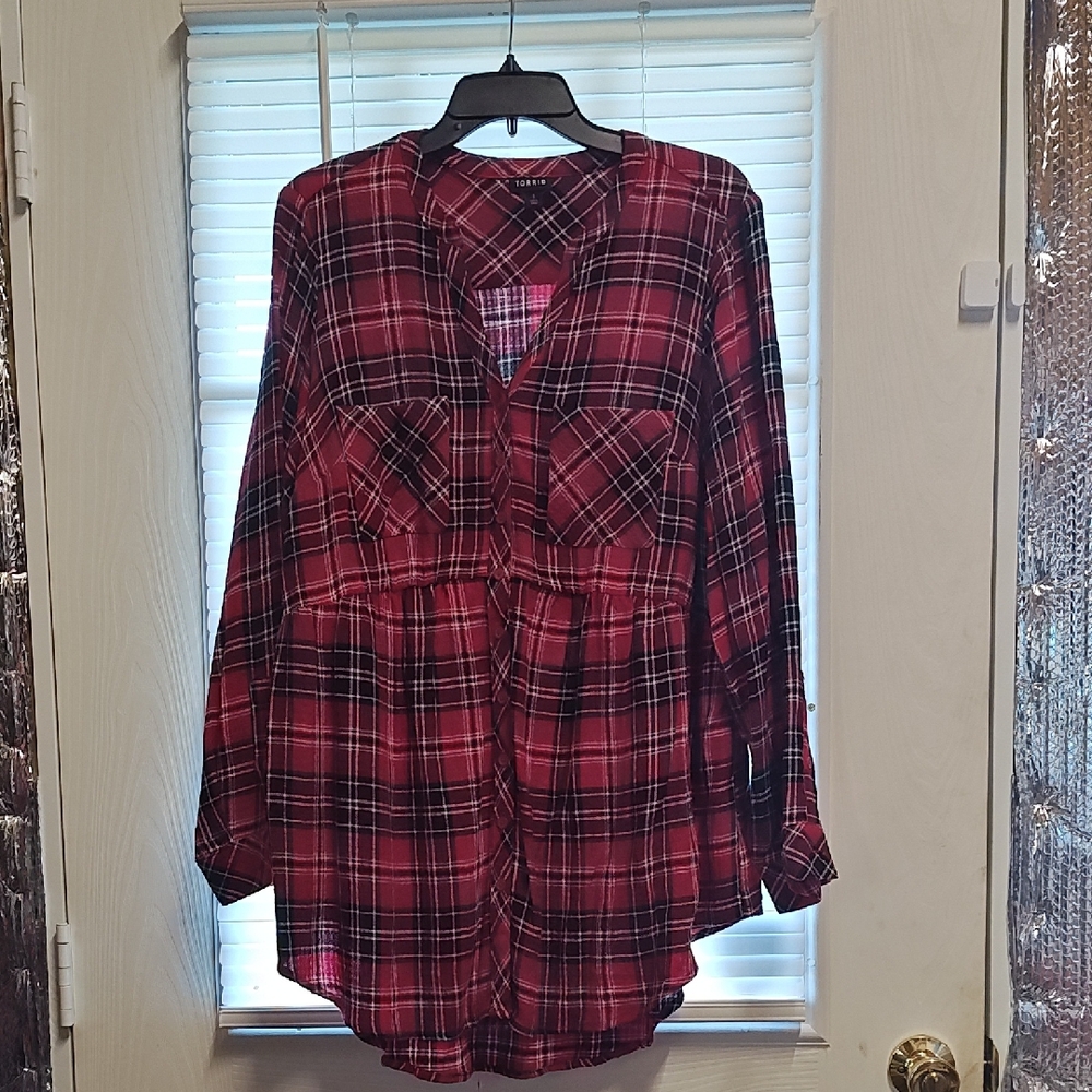 Torrid Emma Crinkle Babydoll Red Plaid Long Sleeve Shirt | Size 1 XL
